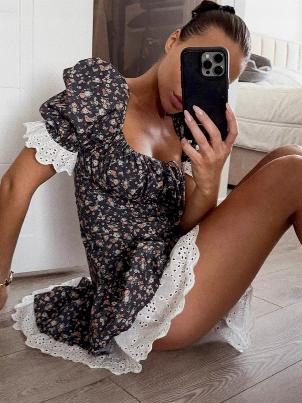 ZARA Womens Spring Summer French Lace Patchwork Floral High Waist Dress Chic